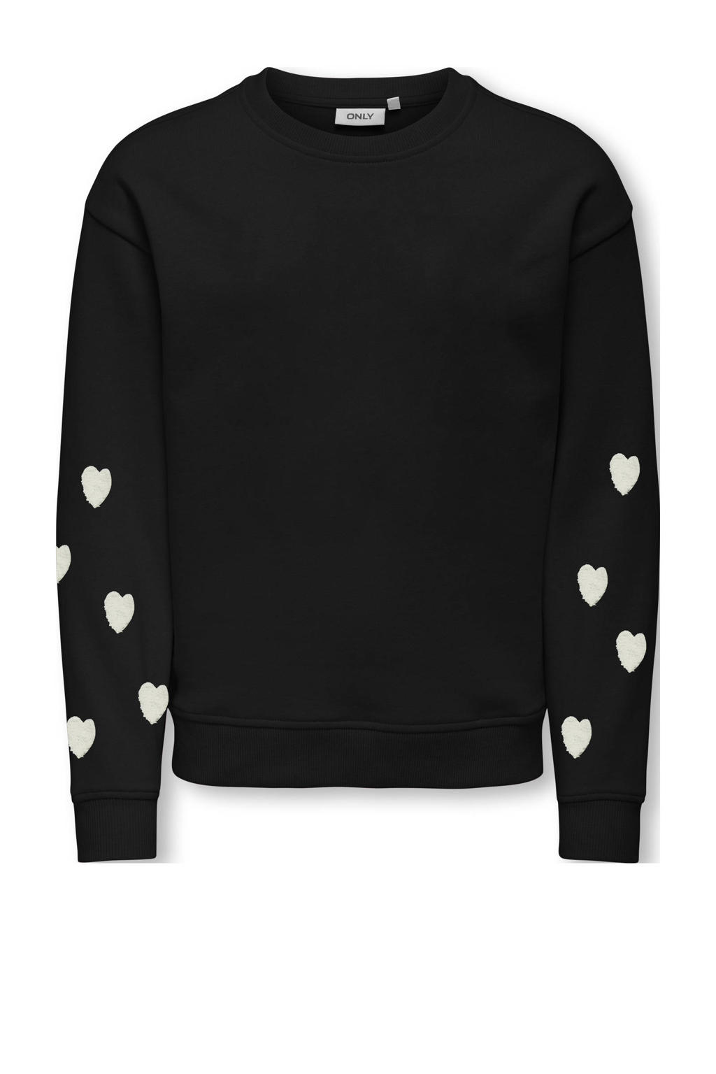 Zwarte meisjes KIDS ONLY GIRL sweater met hartjesprint, lange mouwen, ronde hals en borduursels