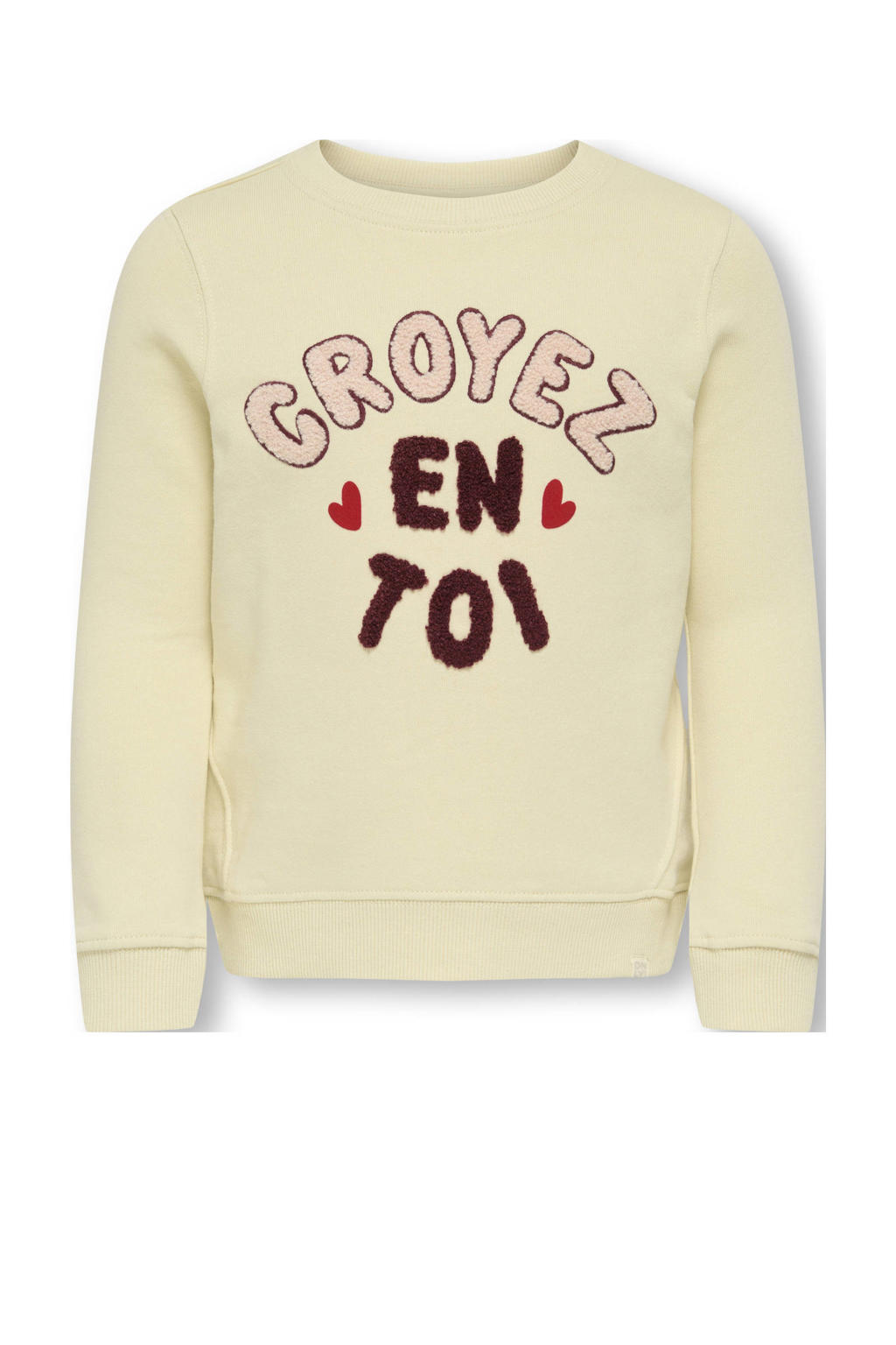 Ecru meisjes KIDS ONLY MINI sweater met printopdruk, lange mouwen, ronde hals en geribde boorden