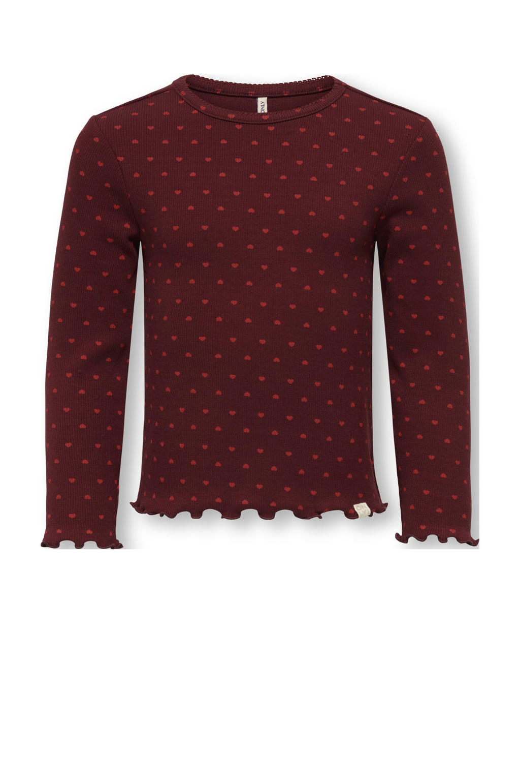 Donkerrode meisjes KIDS ONLY MINI longsleeve van stretchkatoen met hartjesprint, lange mouwen, ronde hals en gebreide details