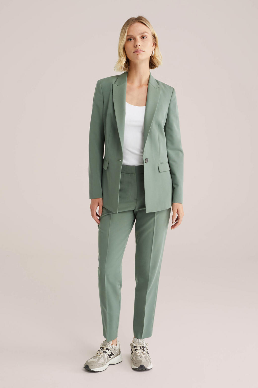 Lichtgroene dames WE Fashion getailleerde blazer van polyester met effen, lange mouwen, reverskraag, knoopsluiting en split