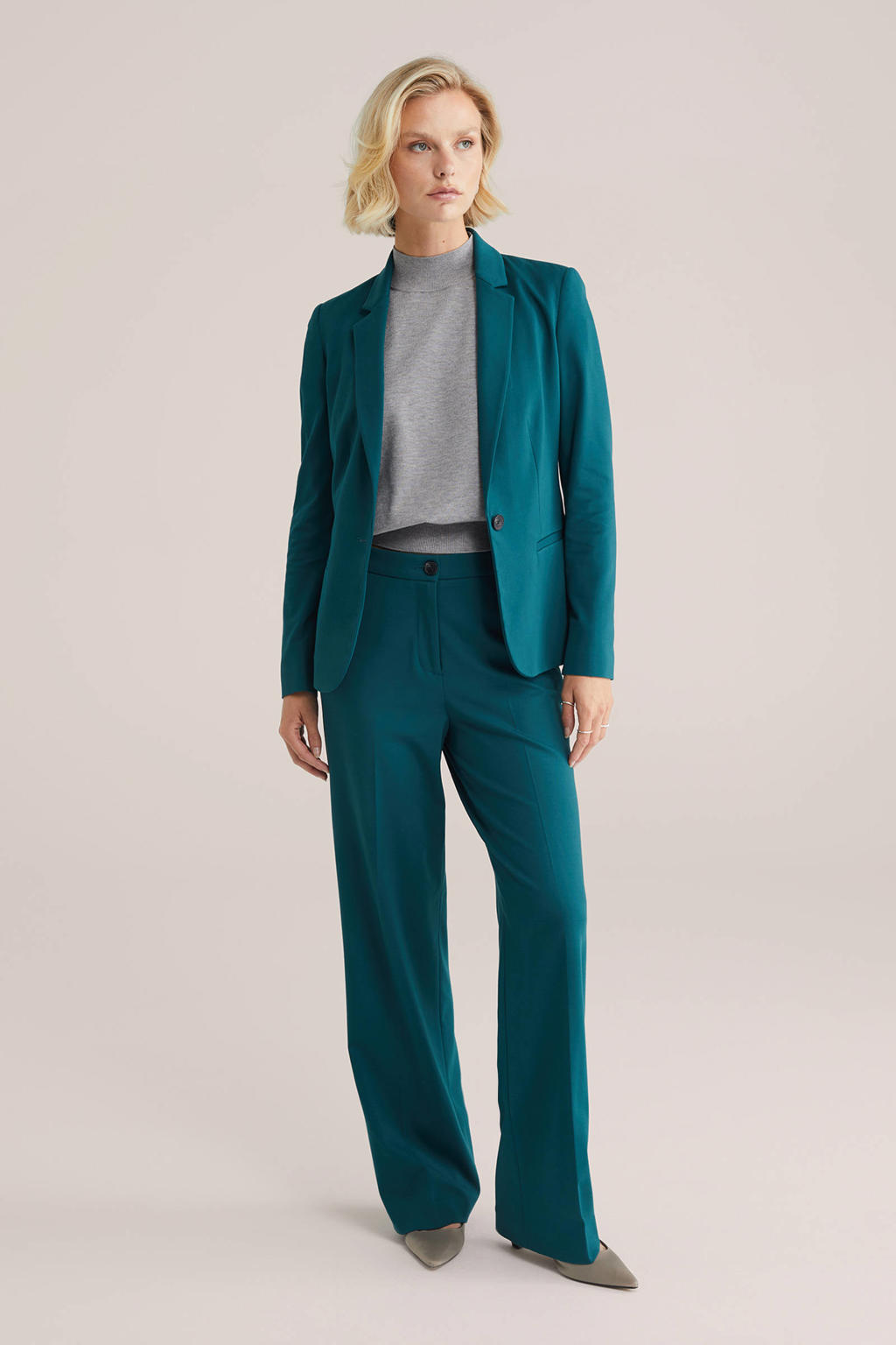 Petrolkleurige dames WE Fashion jersey getailleerde blazer van polyester met effen, lange mouwen, reverskraag, knoopsluiting en knoopdetail