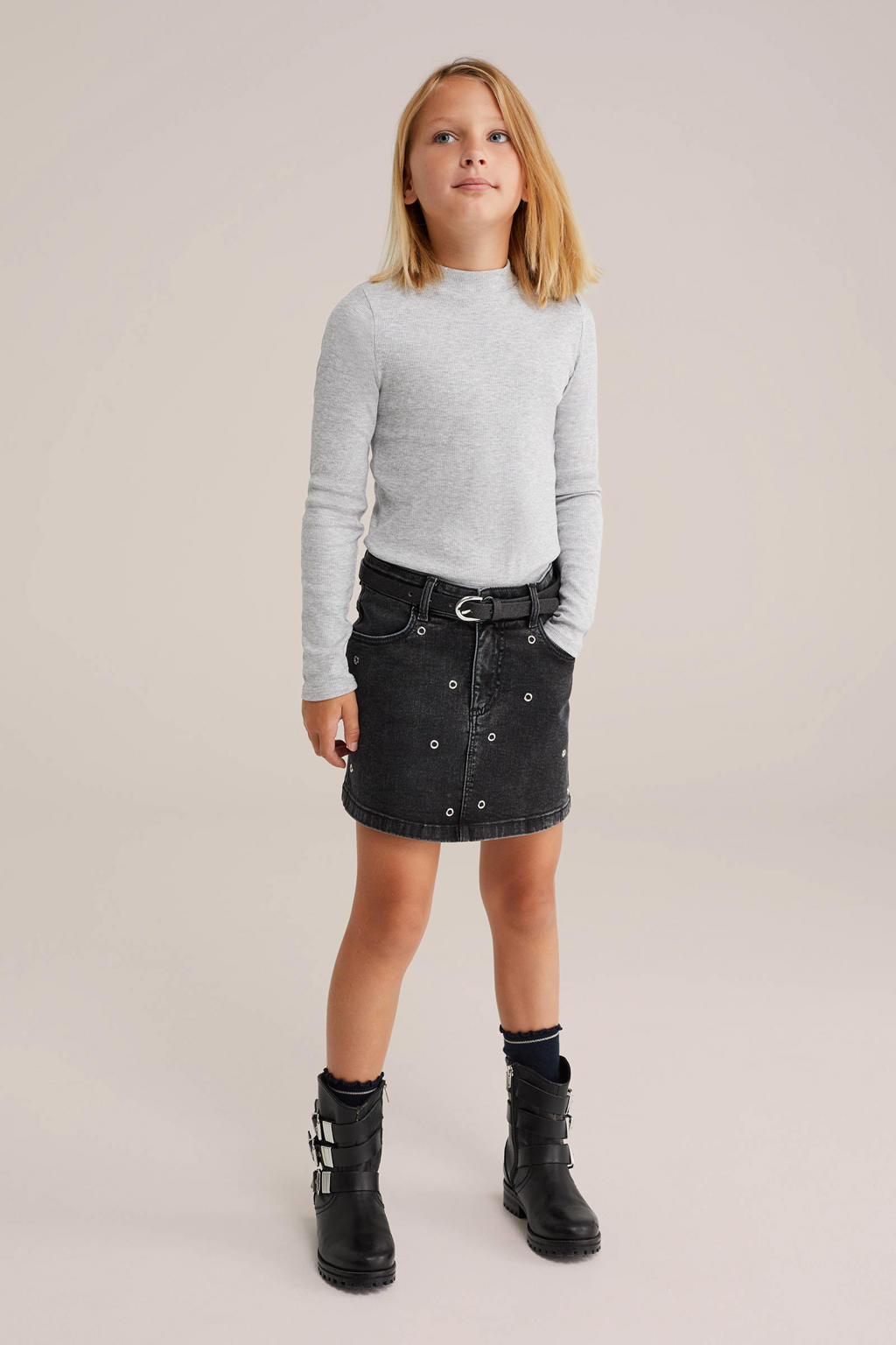 Grijs melange meisjes WE Fashion longsleeve rib gebreid melange van katoen met effen, lange mouwen en col