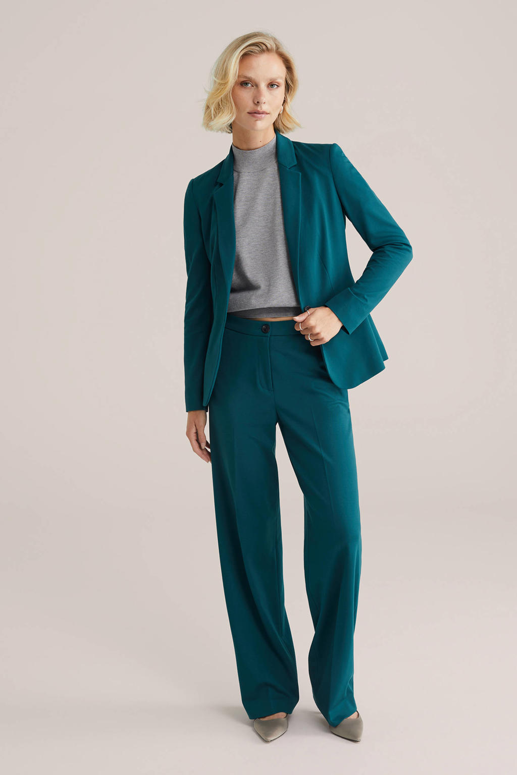 Petrolkleurige dames WE Fashion jersey high waist pantalon van viscose met loose fit, rits- en knoopsluiting en effen