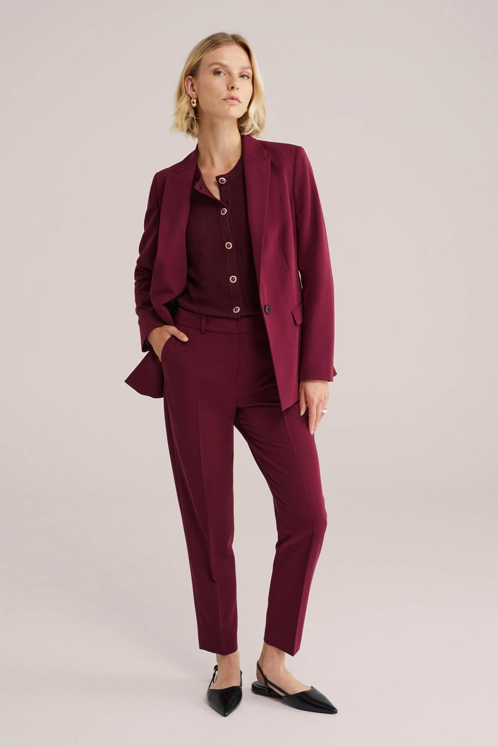 Donkerrode dames WE Fashion getailleerde blazer van polyester met effen, lange mouwen, reverskraag, knoopsluiting en split