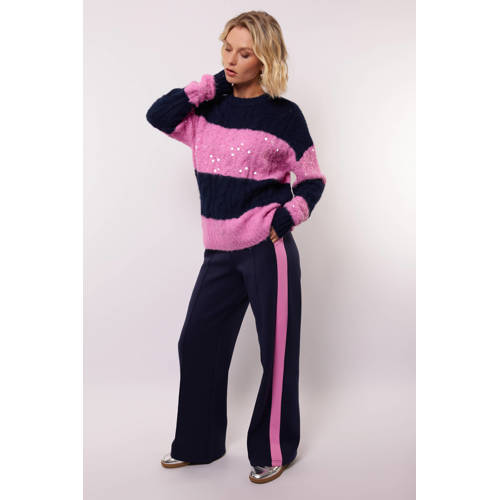 FLURESK wide leg high waist gestreepte casual broek donkerblauw afbeelding