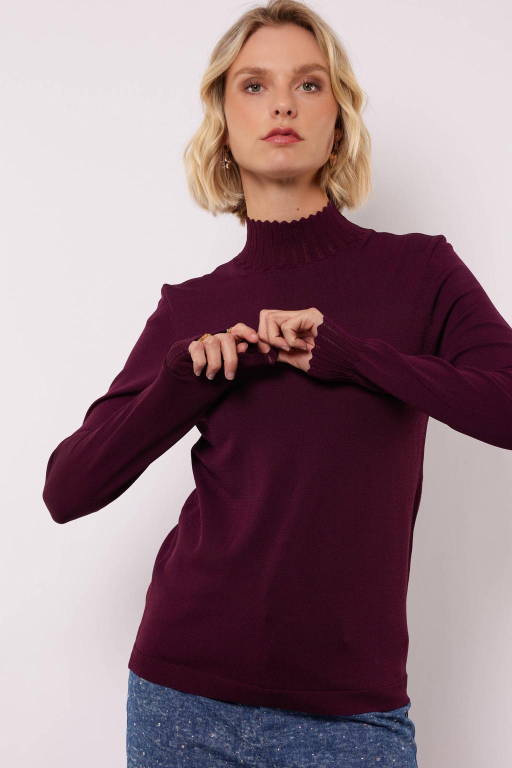 Donkerrode dames FLURESK top van viscose met effen, lange mouwen en col