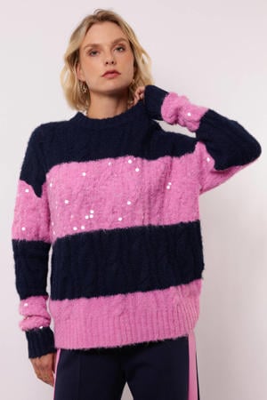 gestreepte gebreide trui donkerblauw met pailletten