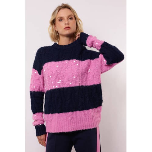 FLURESK gestreepte gebreide trui donkerblauw met pailletten afbeelding