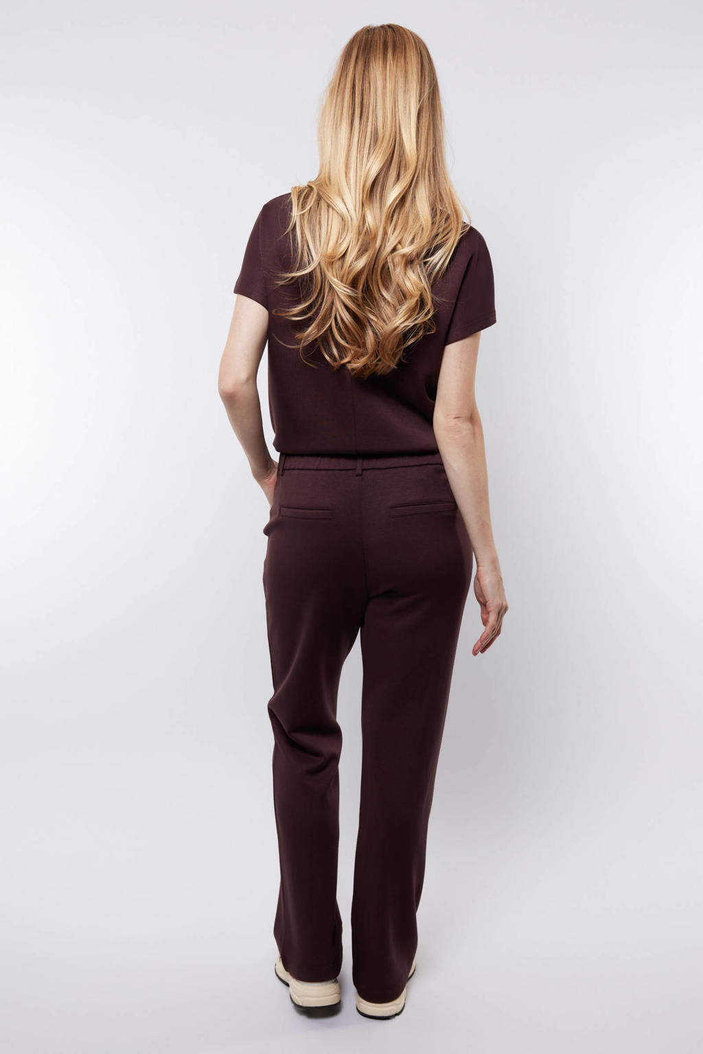 Bruine dames CS the Label flared regular waist flared broek van rayon met rits- en knoopsluiting en effen