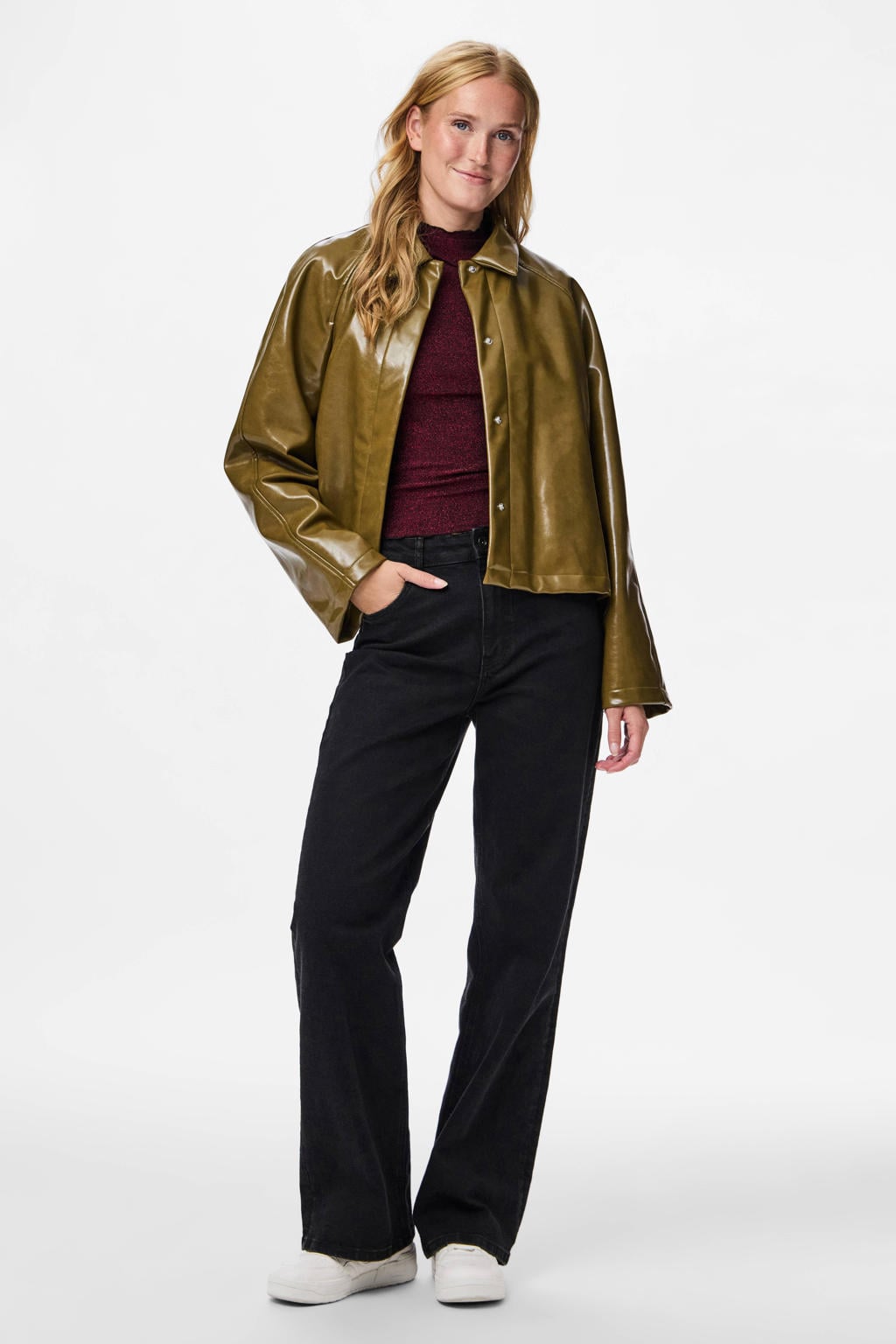 Groene dames PIECES imitatieleren jas met lange mouwen