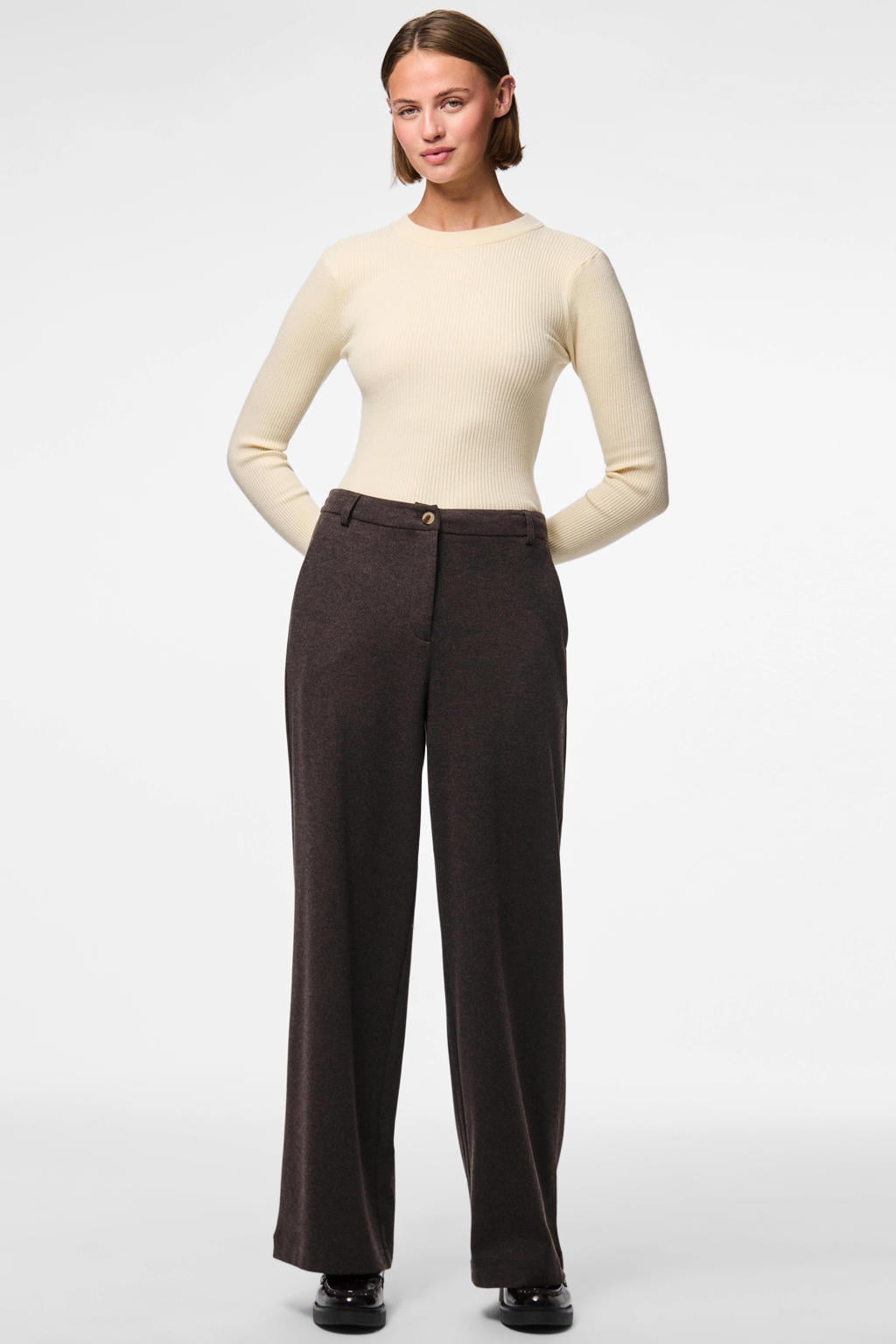 Bruine dames PIECES wide leg high waist broek met rits- en knoopsluiting en effen