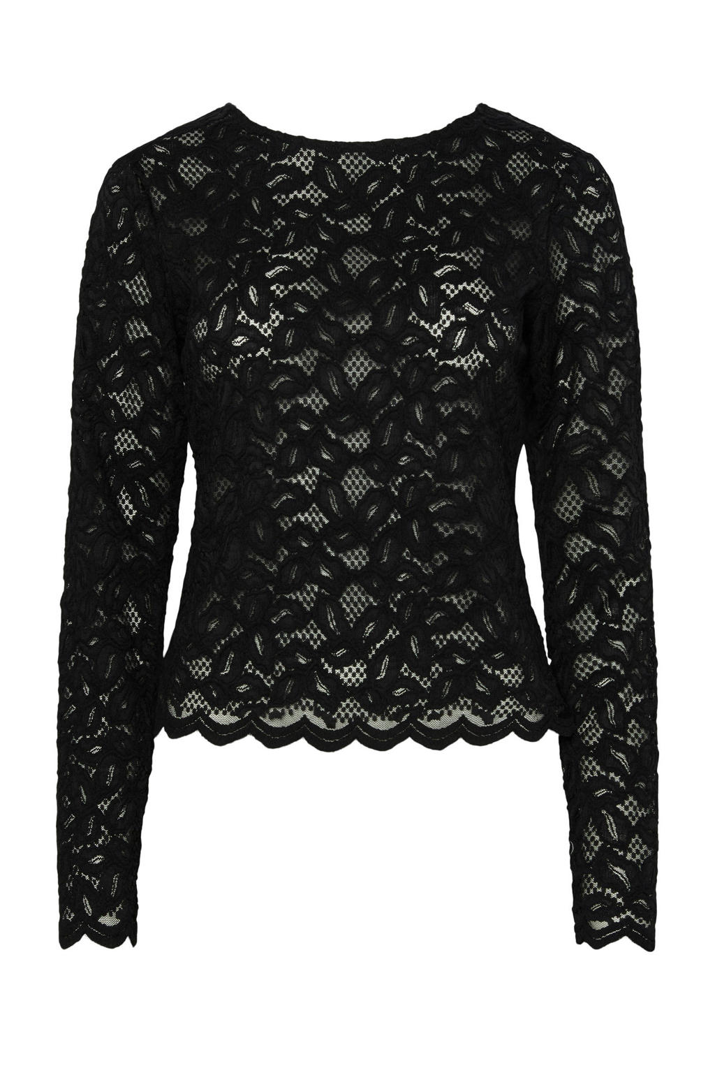 Zwarte dames PIECES kanten top met bloemenprint, lange mouwen, ronde hals en geweven detail