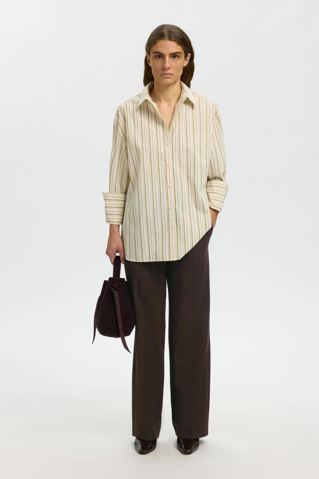Donkerblauwe dames SELECTED FEMME wide leg regular waist casual broek met rits- en haaksluiting en effen