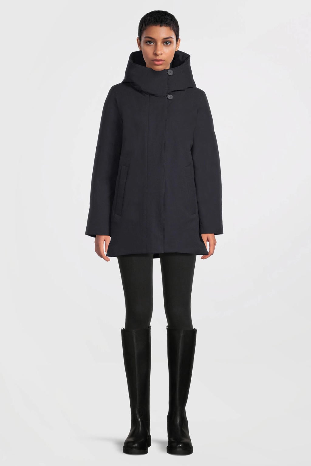 Zwarte dames Elvine winterjas van polyester met effen, lange mouwen, opstaande kraag, ritssluiting en knoopdetail
