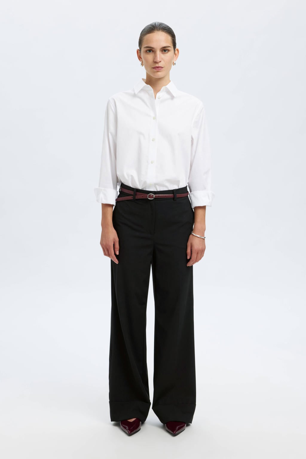 Zwarte dames Selected straight high waist broek van polyester met rits- en haaksluiting en effen