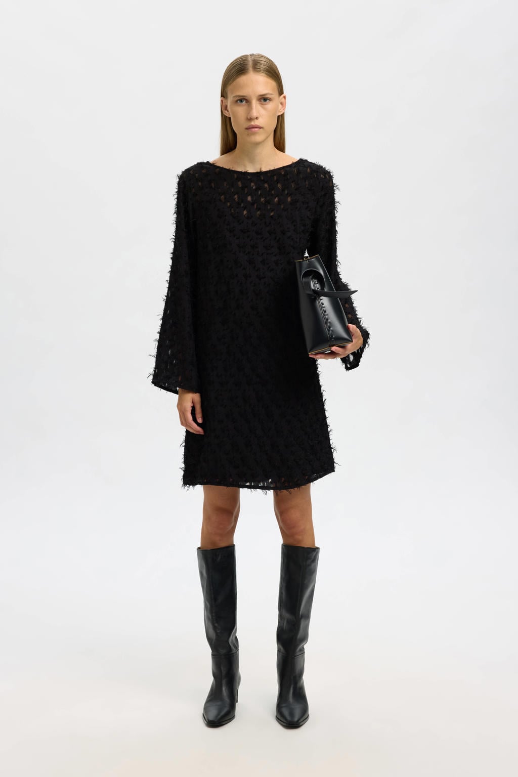 Zwarte dames SELECTED FEMME jurk van polyester met effen, lange mouwen, boothals en striksluiting