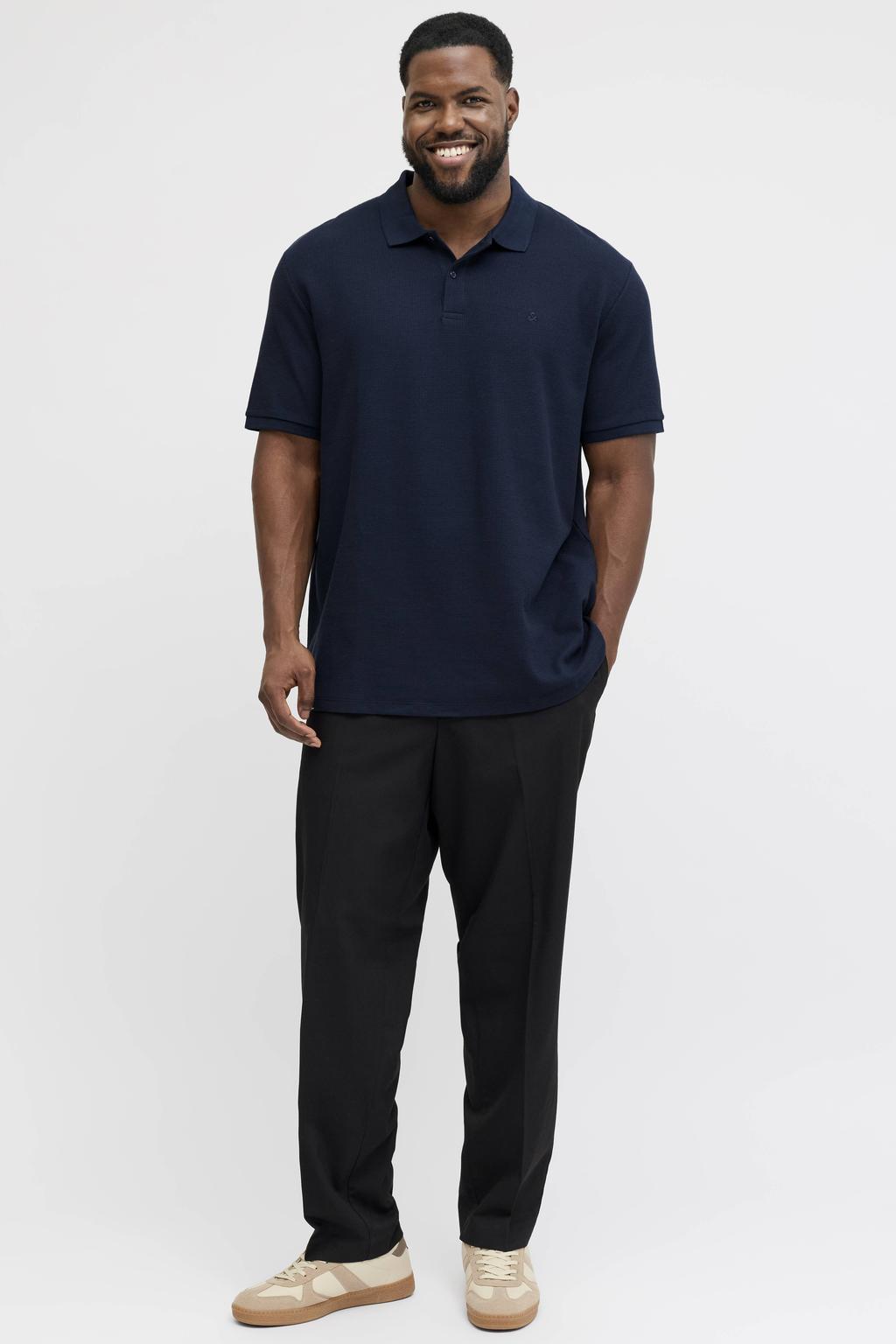Donkerblauwe heren JACK & JONES PLUS SIZE regular polo patroon met effen, korte mouwen, knoopsluiting en pique