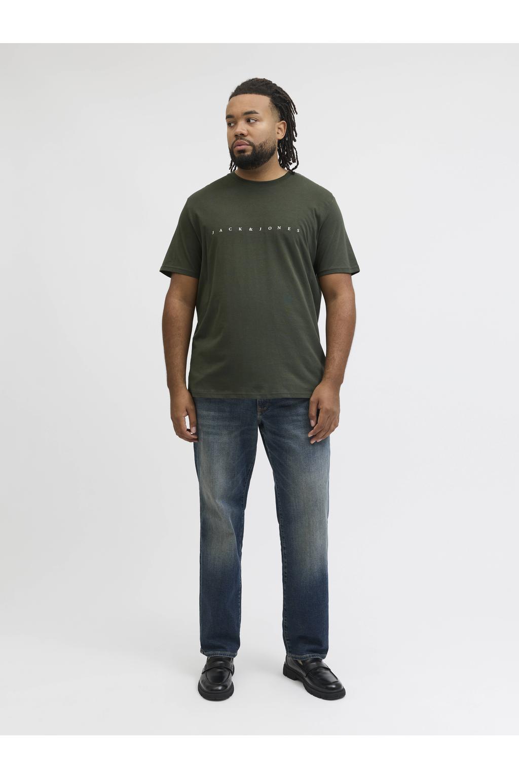 Donkergroene heren JACK & JONES PLUS SIZE regular T-shirt van katoen met printopdruk, korte mouwen en ronde hals