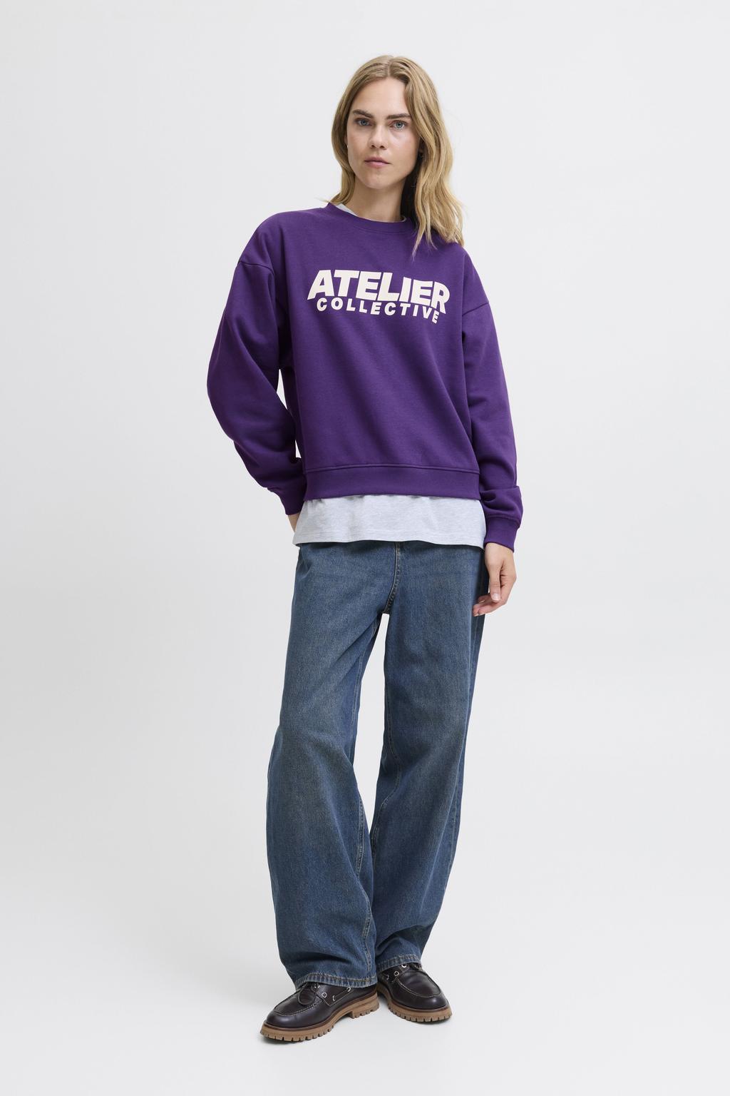 Paarse dames JJXX sweater van katoen met tekst print, lange mouwen en ronde hals