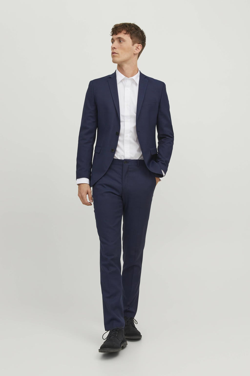 Witte heren JACK & JONES ESSENTIALS slim fit zakelijk overhemd van polyester met effen, lange mouwen en klassieke kraag