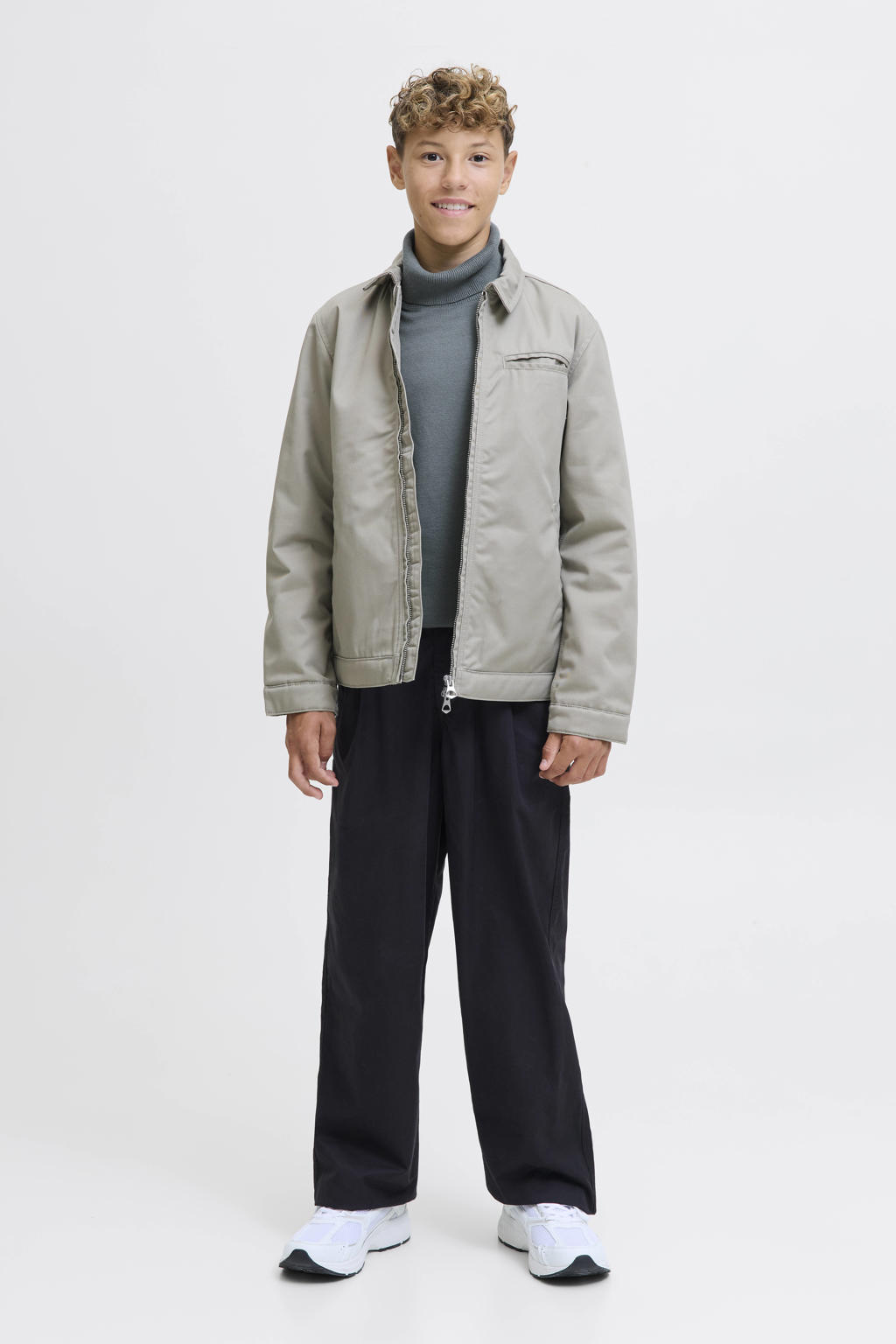 Grijsblauwe jongens JACK & JONES JUNIOR coltrui blauw van katoen met effen, lange mouwen en gebreide details