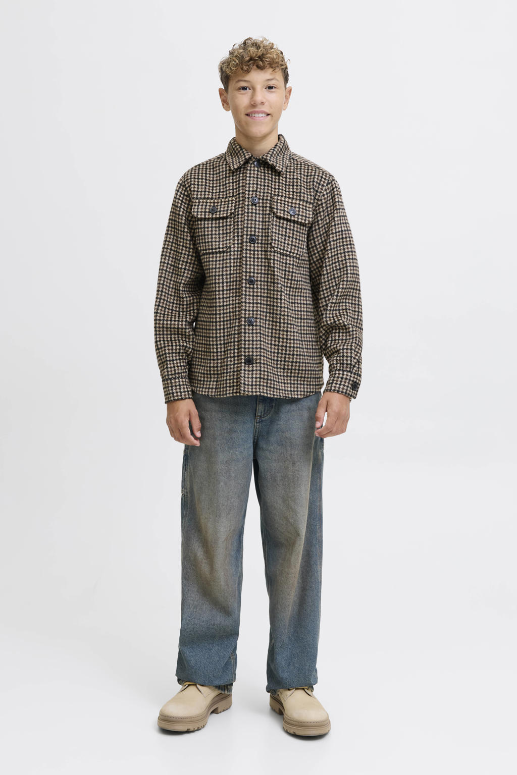 Bruine jongens JACK & JONES JUNIOR overshirt van polyester met lange mouwen, klassieke kraag, knoopsluiting en geweven detail