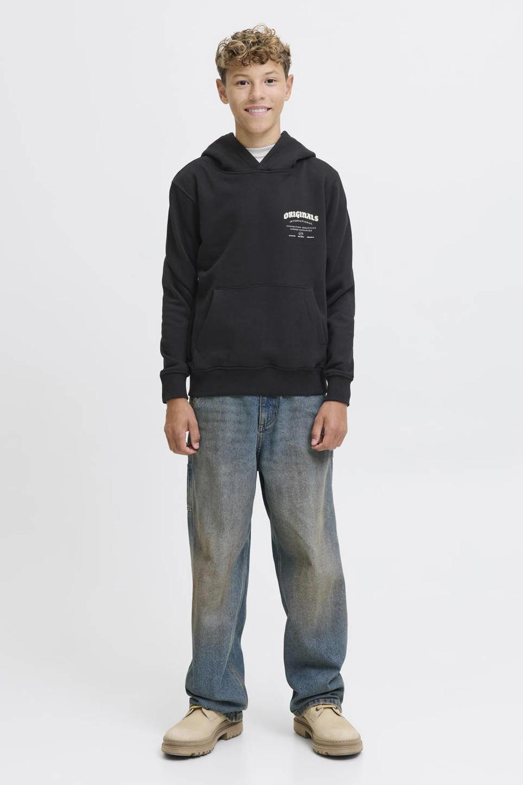 Zwarte jongens JACK & JONES JUNIOR hoodie van sweat materiaal met backprint, lange mouwen en capuchon
