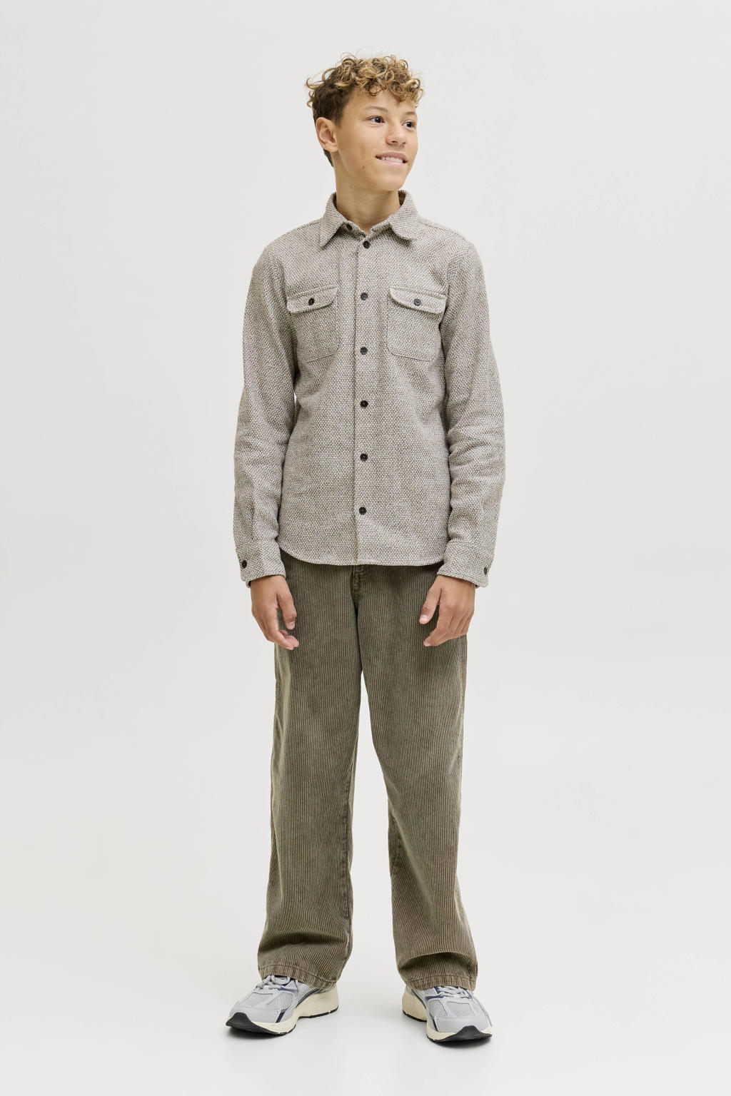 Grijze jongens JACK & JONES JUNIOR overhemd van katoen met effen, lange mouwen, klassieke kraag en knoopsluiting