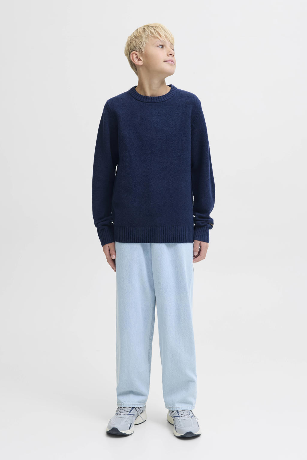 Donkerblauwe jongens JACK & JONES JUNIOR pullover van sweat materiaal met effen, lange mouwen, ronde hals en geribde boorden