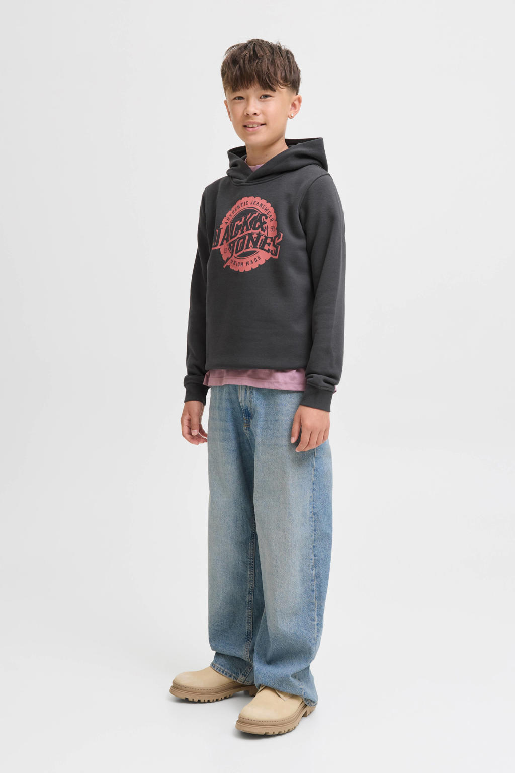 Zwarte jongens JACK & JONES JUNIOR hoodie van sweat materiaal met logo dessin, lange mouwen en capuchon