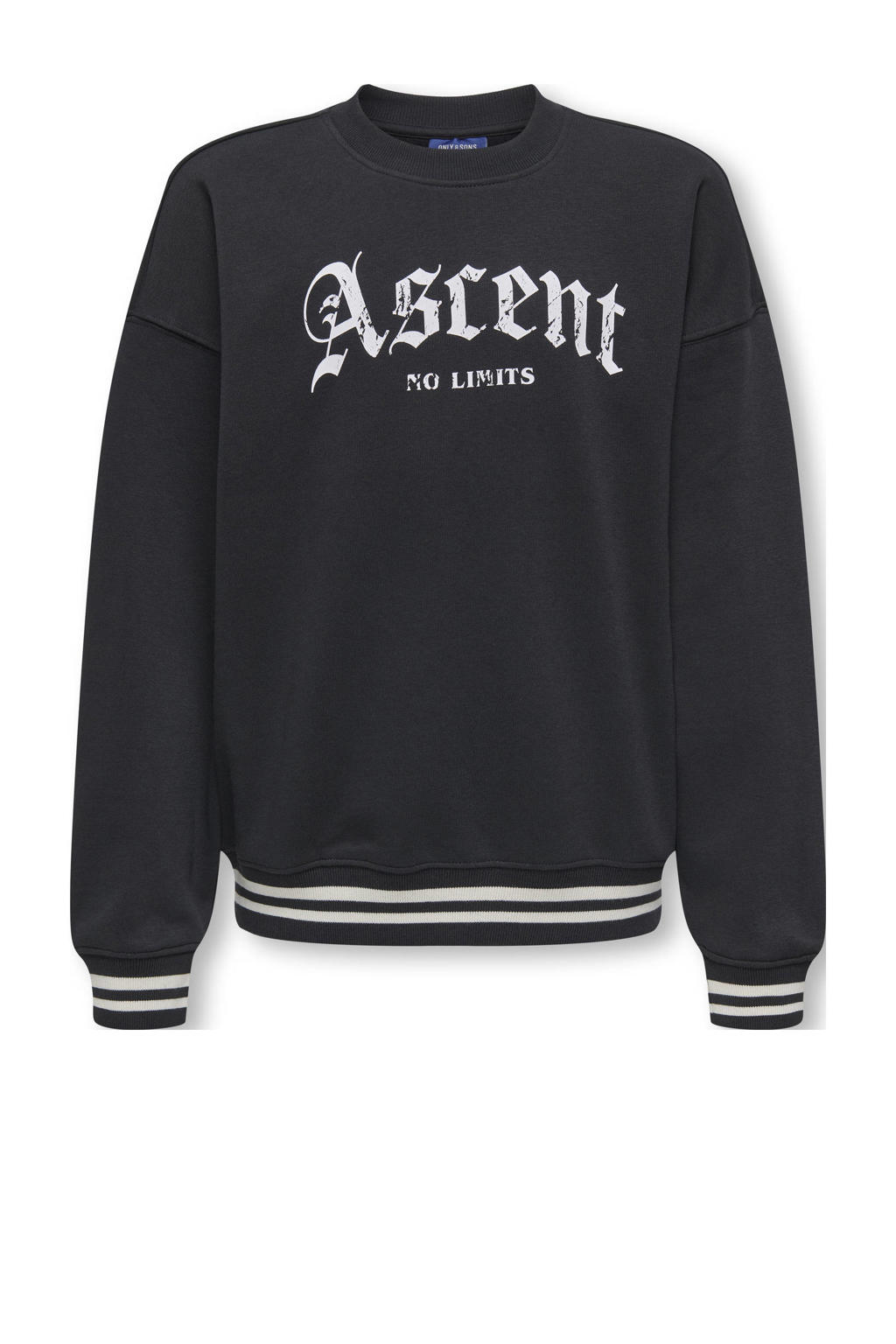 Zwarte jongens ONLY & SONS JUNIOR sweater met tekst print, lange mouwen, ronde hals en geribde boorden