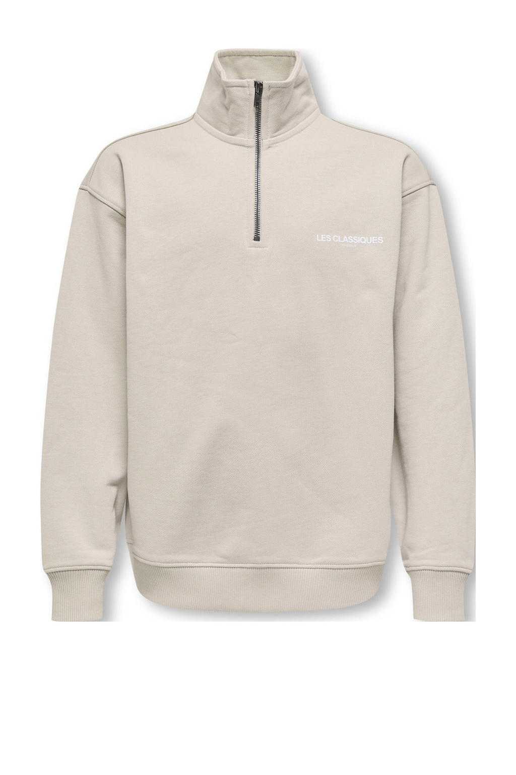 Beige jongens ONLY & SONS JUNIOR sweater met backprint, lange mouwen, opstaande kraag, halve rits en geribde boorden