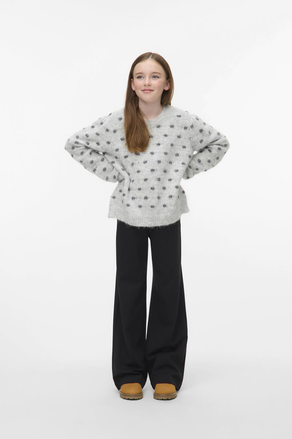 Grijs melange meisjes VERO MODA GIRL gebreide trui melange van polyester met stippenprint, lange mouwen en ronde hals