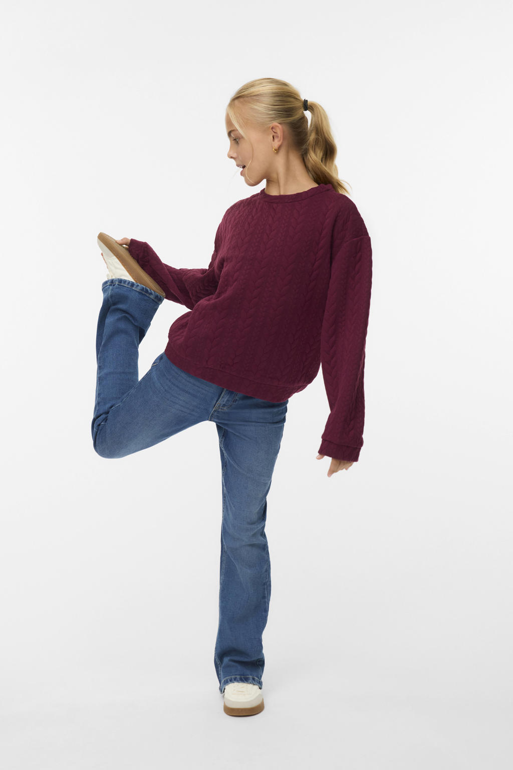 Donkerrode meisjes VERO MODA GIRL sweater met effen, lange mouwen, ronde hals en geribde boorden