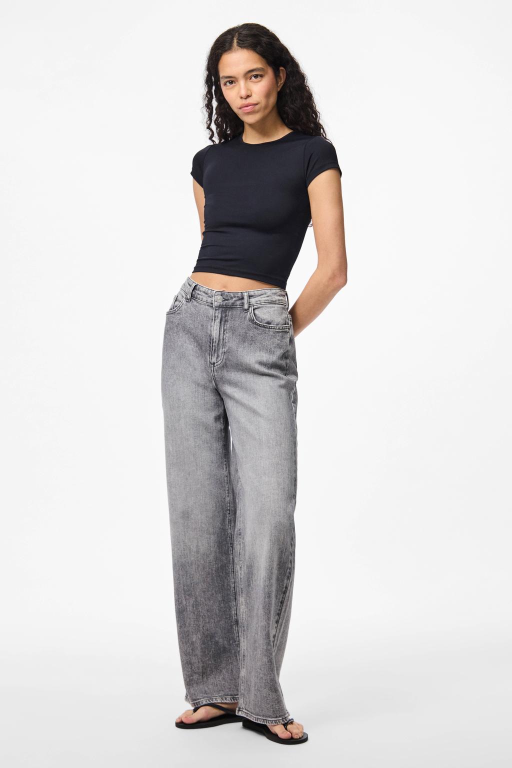 Grijze dames PIECES high waist wide leg jeans van denim met rits- en knoopsluiting en effen