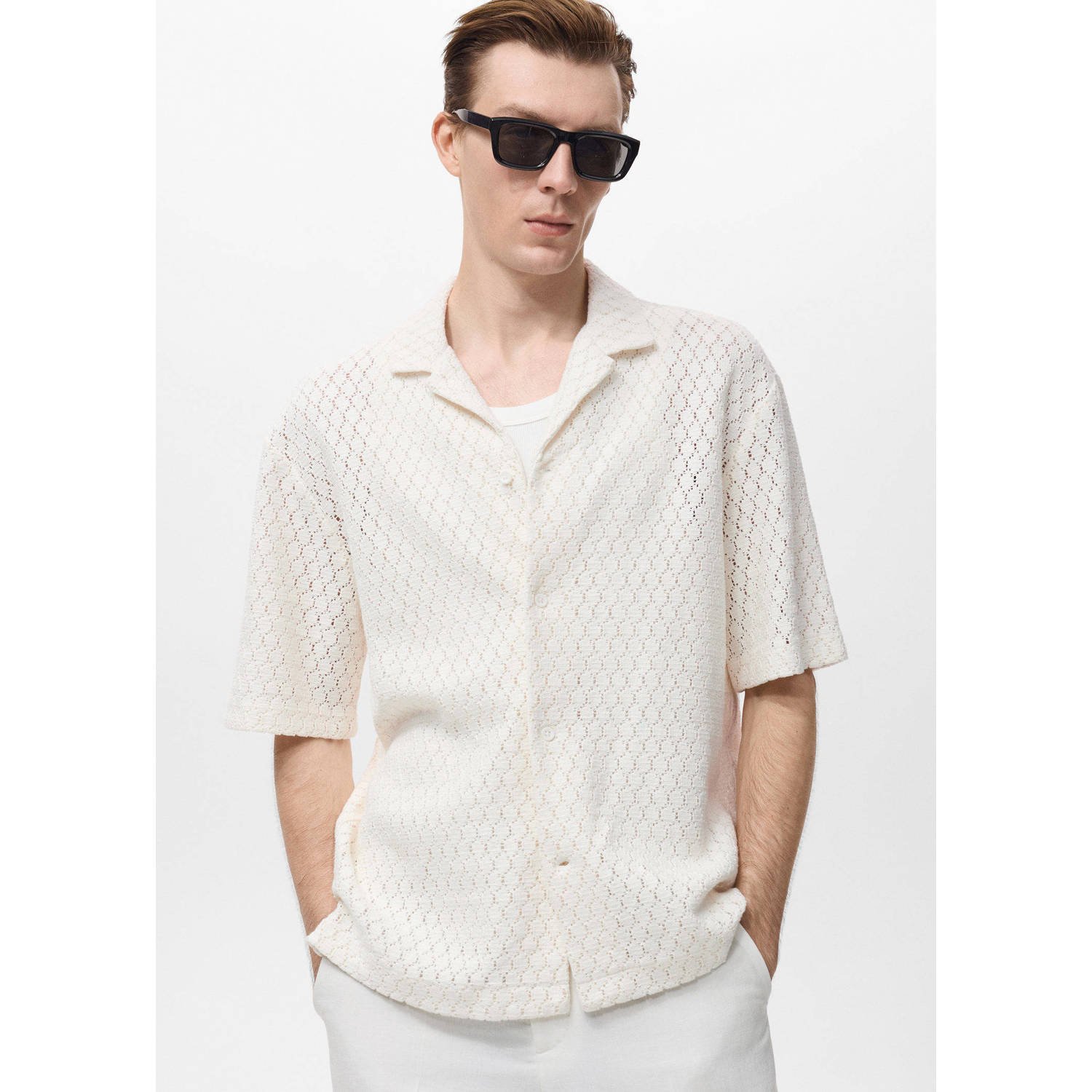 Mango Man casual overhemd gebreid ecru