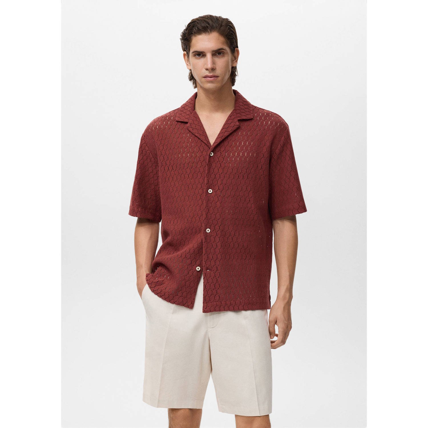 Mango Man casual overhemd gebreid donkerrood