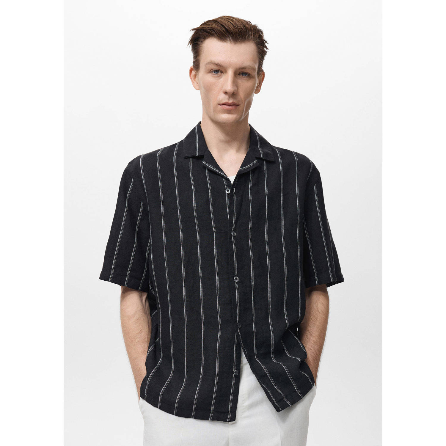 Mango Man linnen casual overhemd zwart