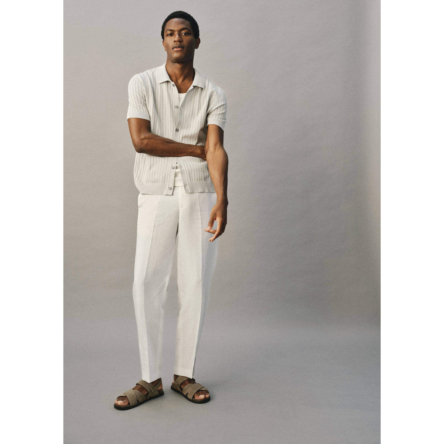 Mango Man linnen regular pantalon ecru