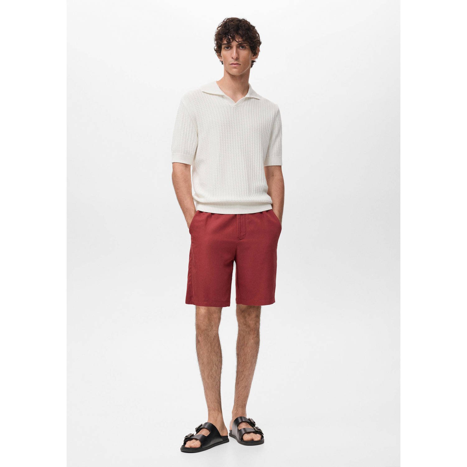 Mango Man linnen rechtvallend casual short donkerrood