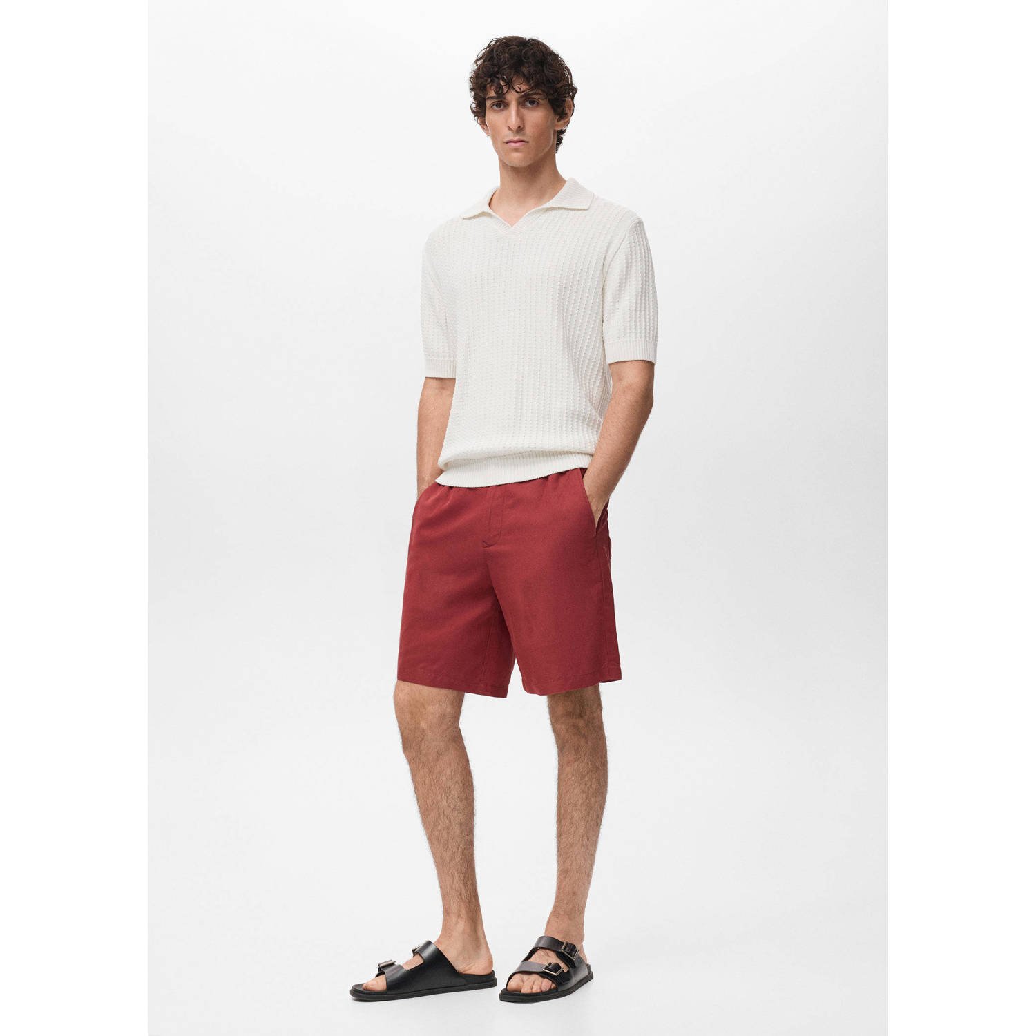 Mango Man linnen rechtvallend casual short donkerrood