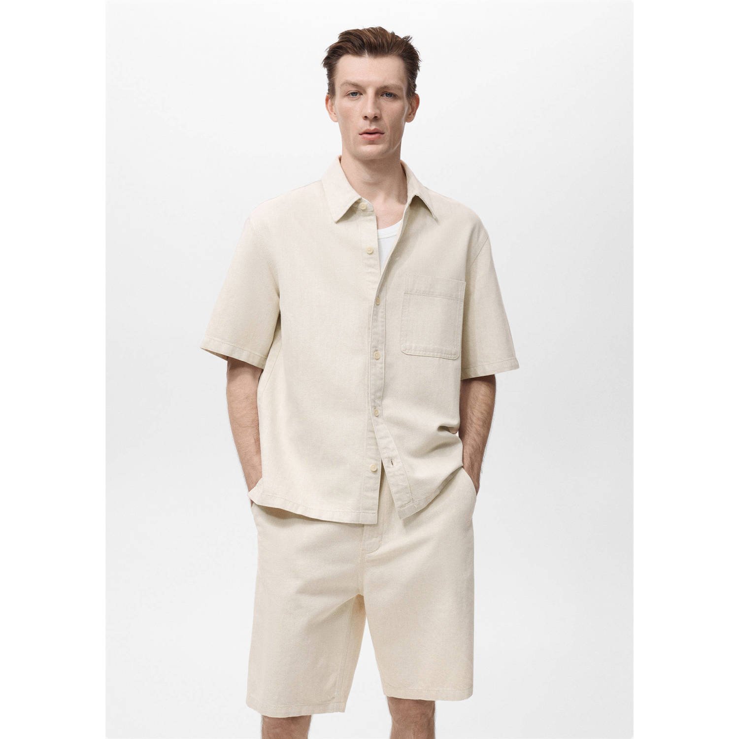 Mango Man linnen casual overhemd beige