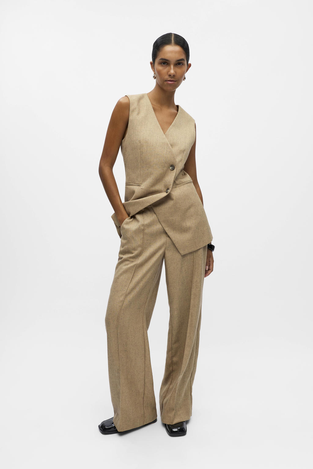 Beige dames OBJECT straight high waist broek van polyester met rits- en haaksluiting en effen