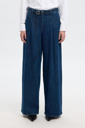 high waist wide leg jeans dark blue denim