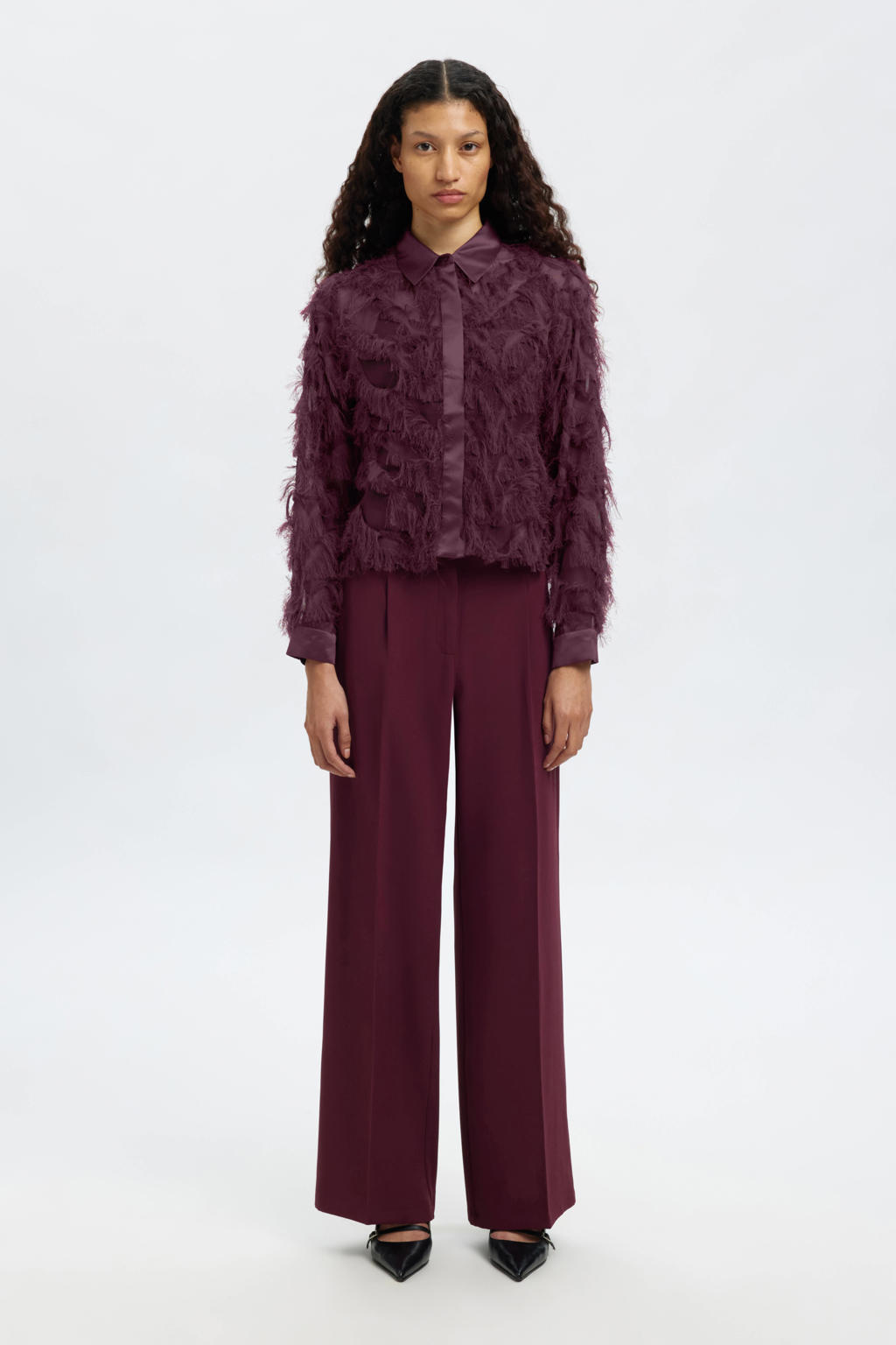 Donkerrode dames SELECTED FEMME blouse van polyester met effen, lange mouwen, klassieke kraag, knoopsluiting en textuur