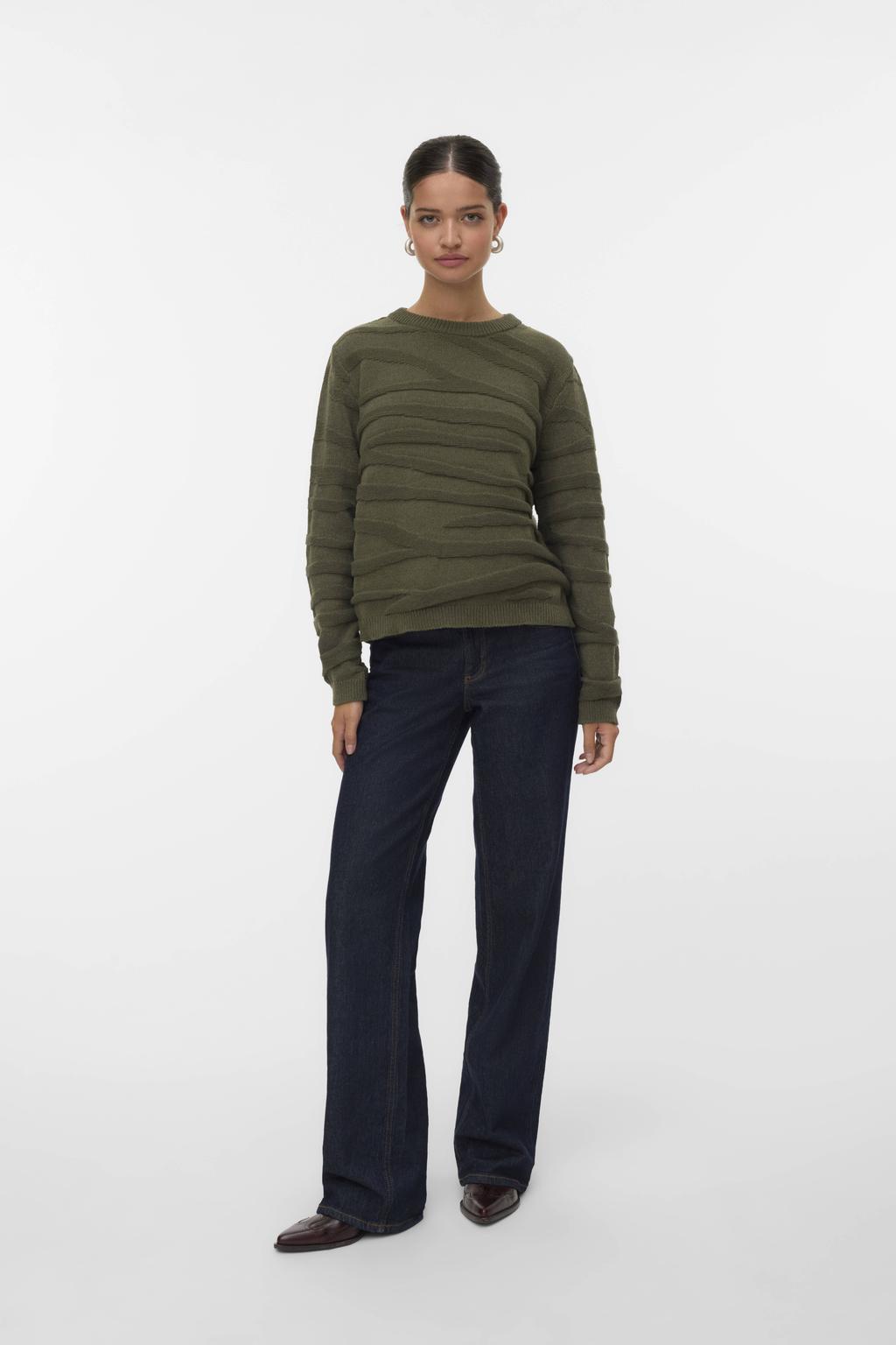Donkergroene dames VERO MODA gebreide trui van polyester met strepenprint, lange mouwen en ronde hals
