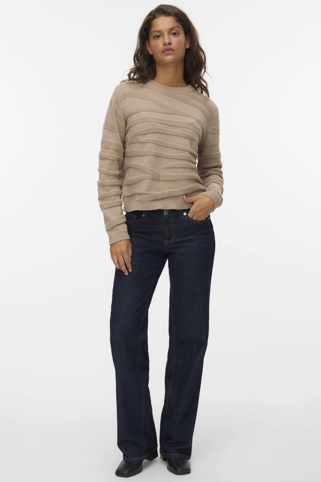 Taupe dames VERO MODA gebreide trui van polyester met strepenprint, lange mouwen en ronde hals
