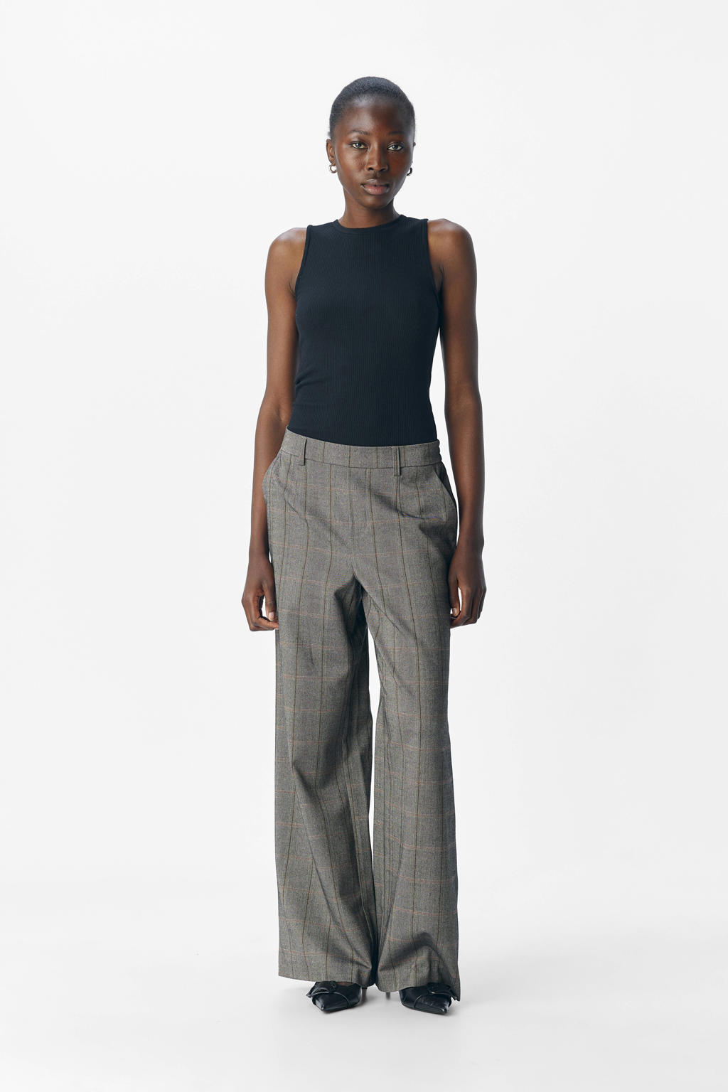 Lichtgrijze dames OBJECT wide leg regular waist pantalon met elastische inzet en ruitenprint