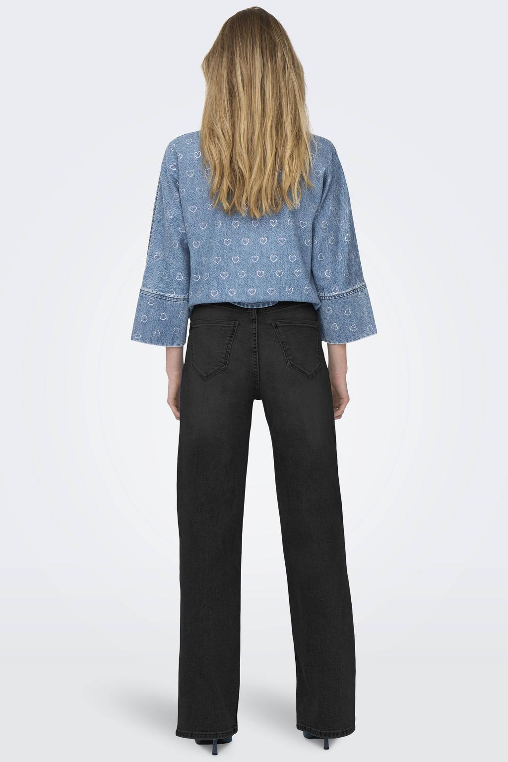 Black denim dames ONLY high waist wide leg jeans van denim met rits- en knoopsluiting en effen