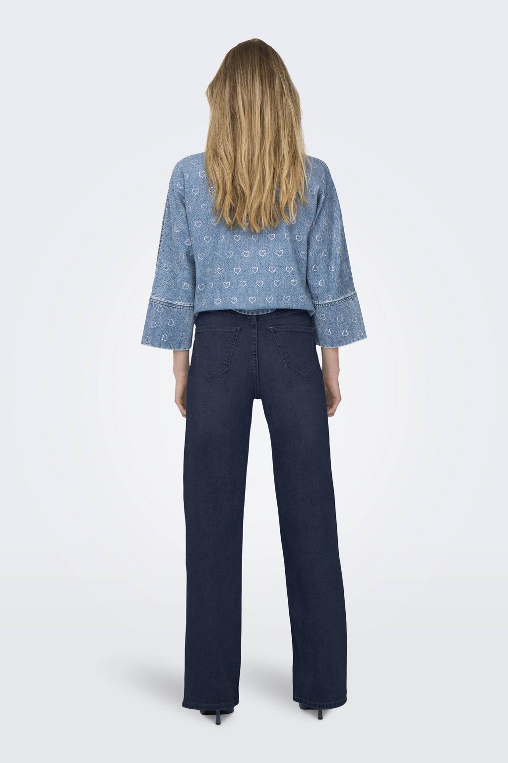 Dark blue denim dames ONLY high waist wide leg jeans dark blue van denim met rits- en knoopsluiting en effen